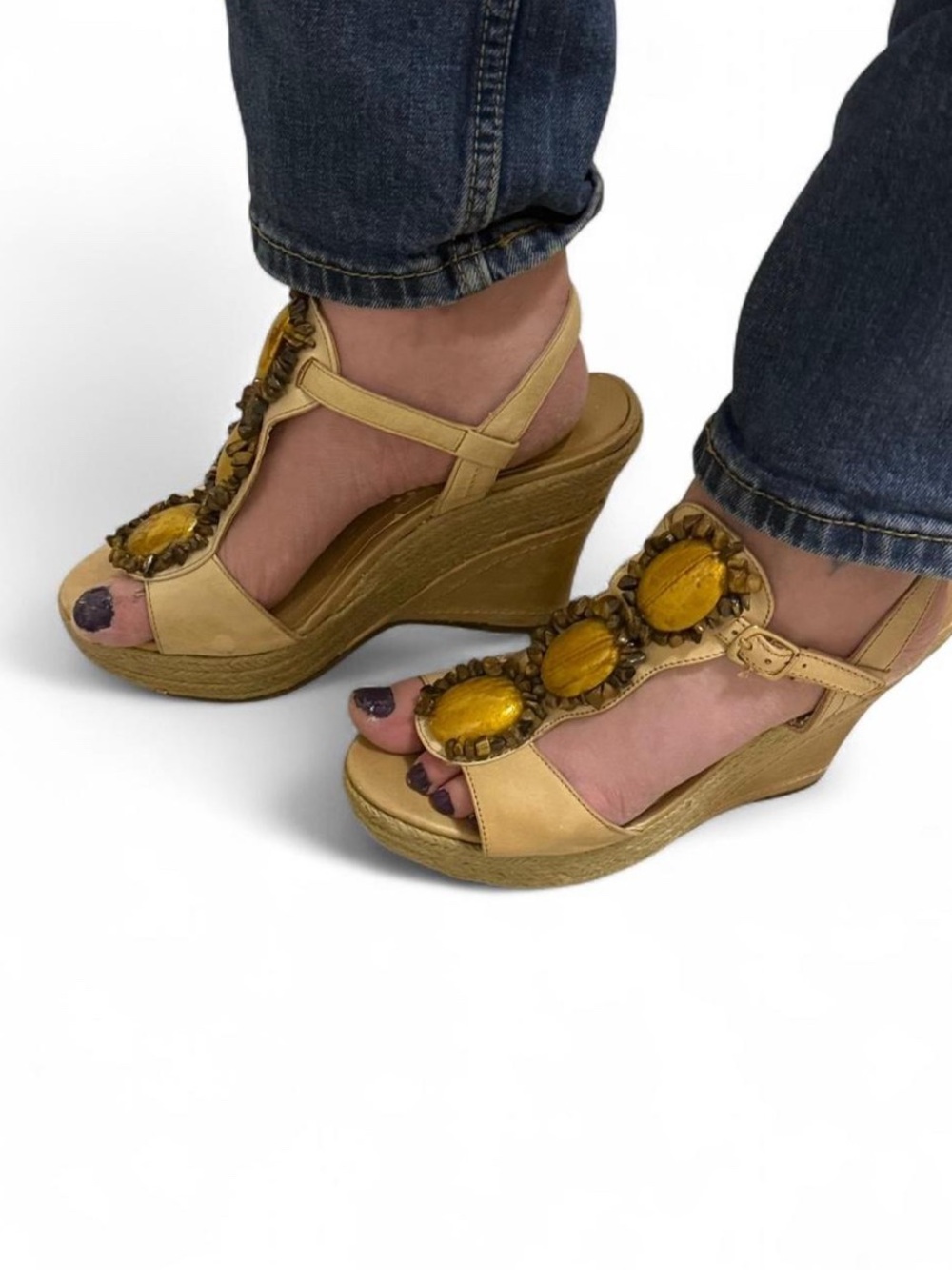 Womens Yellow Beaded Wedge Sandals Early 2000s Tuscan Mom